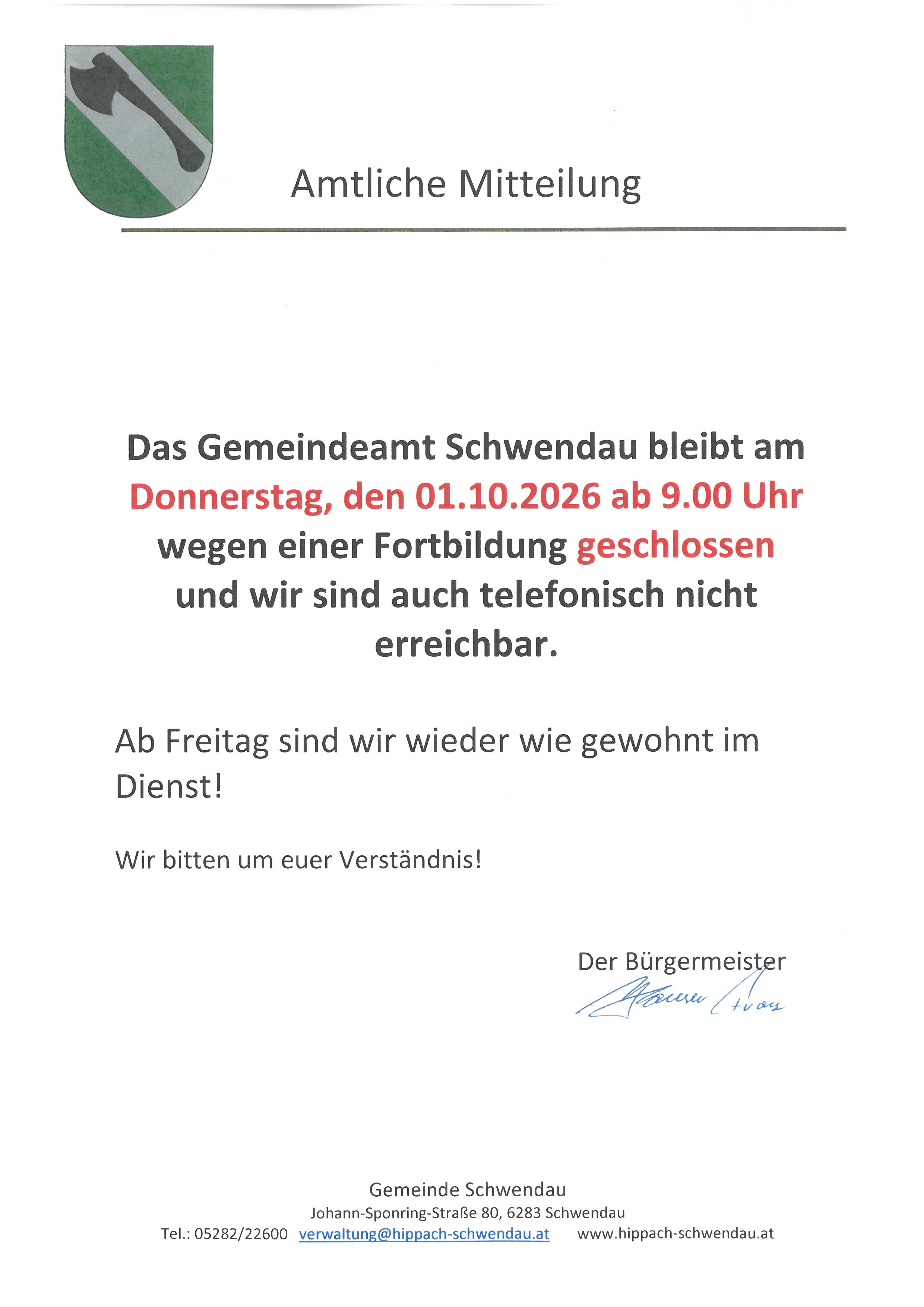 Gemeindeamt geschlossen