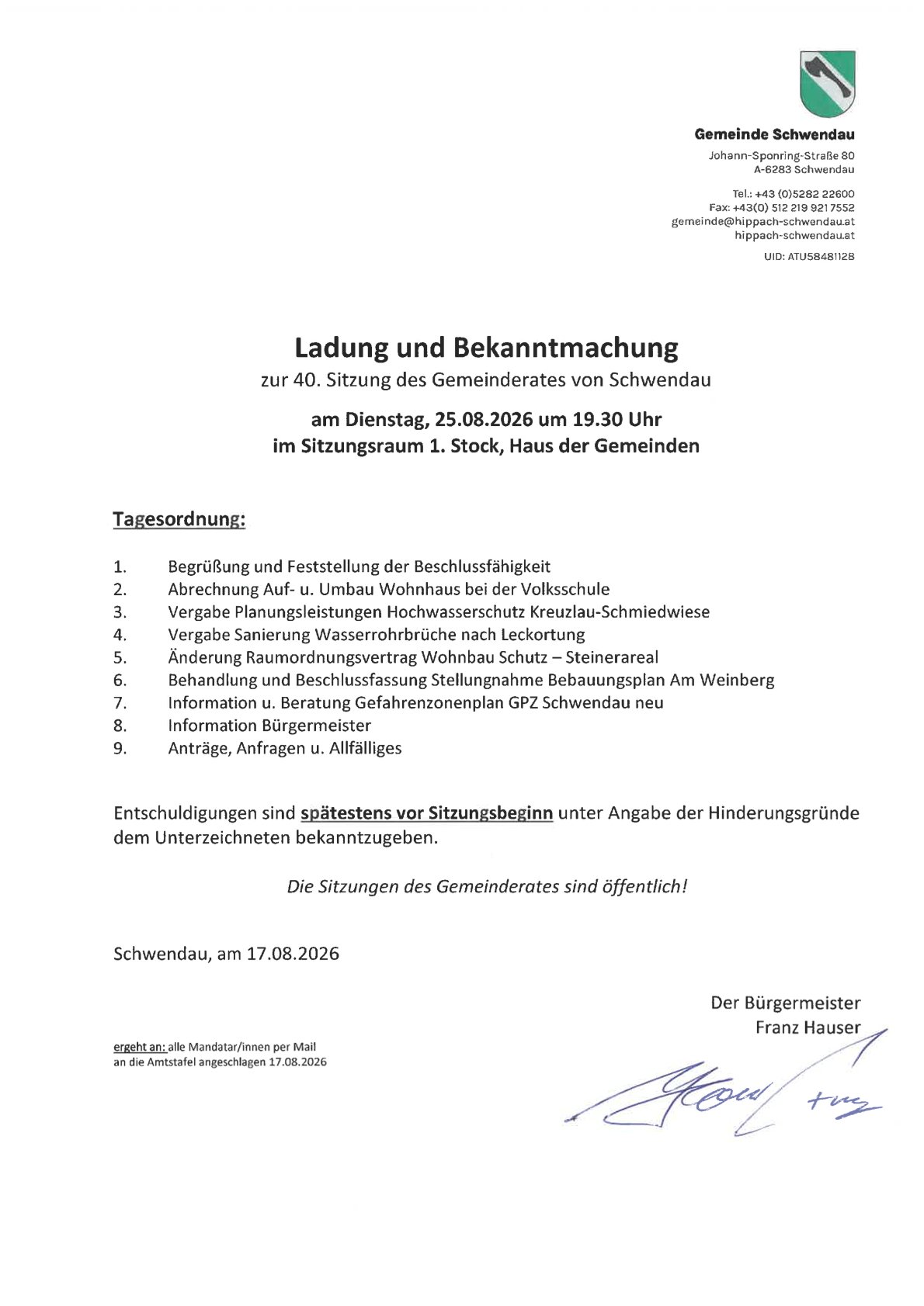 Ladung zur 40. Gemeinderatssitzung